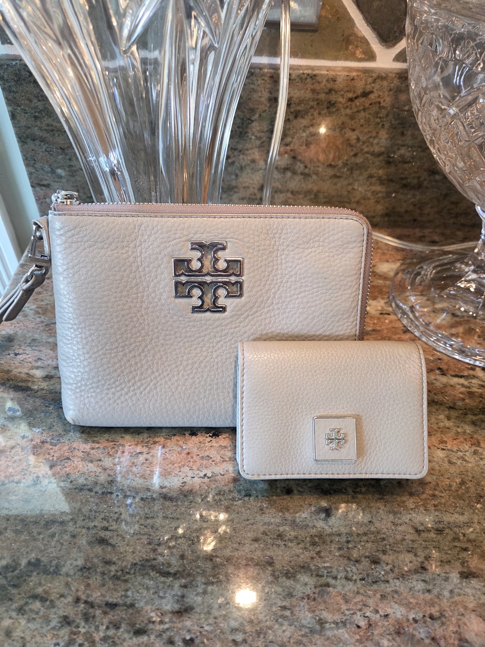 Tory Burch Taupe Pebbled Leather Wristlet and Wallett Set